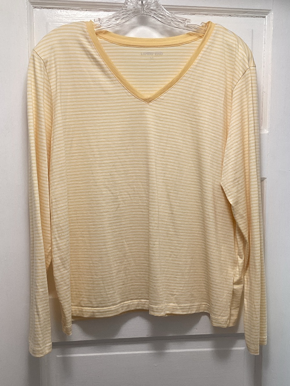 Lands' End Pale Yellow Striped V-Neck Long Sleeve Tee
